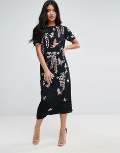 Платье-футболка миди с вышивкой в виде бабочек ASOS - Черный