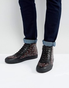 Черные кожаные высокие кроссовки на шнуровке и молнии с принтом HUGO by Hugo Boss - Черный