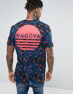 Удлиненная футболка с камуфляжным принтом и надписью Nagoya ASOS - Синий