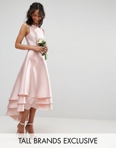 Сатиновое платье миди для выпускного с асимметричным подолом Club L Tall - Розовый