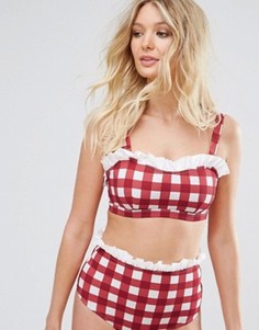 Хлопковый бикини топ-бандо на косточках в клетку с оборками ASOS FULLER BUST DD-G - Мульти