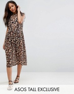 Свободное сетчатое платье с анималистическим принтом ASOS TALL - Коричневый