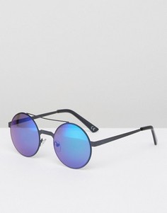 Круглые солнцезащитные очки в черной металлической оправе с синими стеклами ASOS - Черный