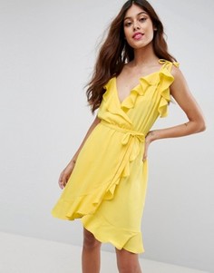 Платье миди на тонких бретельках с запахом и оборками ASOS - Мульти