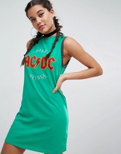 Платье-футболка мини без рукавов с принтом ACDC и цепочкой ASOS - Зеленый