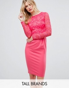 Кружевное платье-футляр миди с длинными рукавами City Goddess Tall - Розовый