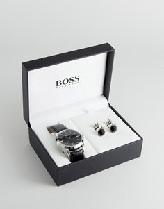 Подарочный набор с часами с кожаным ремешком и запонками BOSS By Hugo Boss - Черный