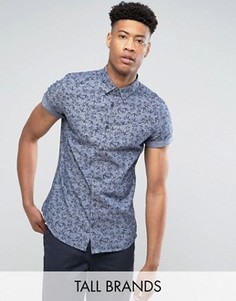Узкая рубашка из шамбре с короткими рукавами и принтом Burton Menswear TALL - Синий