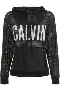 Перфорированный пуловер с капюшоном и надписью Calvin Klein