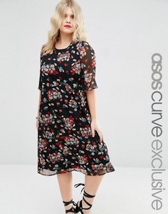 Чайное платье миди с цветочным принтом и рукавами-бабочка ASOS CURVE - Мульти