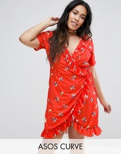 Платье миди с запахом и красным цветочным принтом ASOS CURVE - Мульти