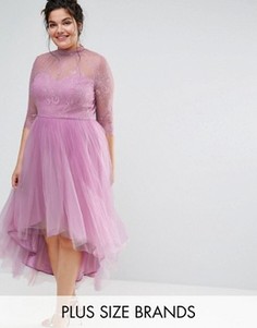 Платье миди с рукавами 3/4, кружевным топом и юбкой из тюля Chi Chi London Plus - Розовый