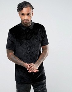 Длинное бархатное поло с тисненым цветочным рисунком ASOS - Черный
