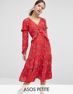 Платье миди с V‑образным вырезом, рюшами и винтажным цветочным принтом ASOS PETITE - Мульти