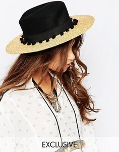 Соломенная шляпа с контрастным черным верхом и помпонами Catarzi - Бежевый