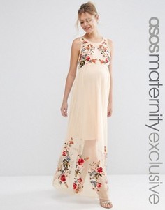 Сетчатое платье макси для беременных с вышивкой ASOS Maternity - Кремовый