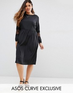 Платье миди с длинными рукавами и кружевными вставками ASOS CURVE - Черный