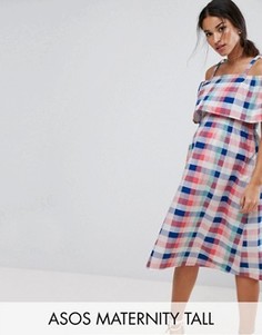 Платье миди в клетку с открытыми плечами ASOS Maternity TALL - Мульти