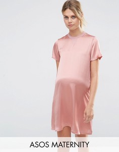 Платье-футболка для беременных с атласной вставкой спереди ASOS Maternity - Розовый