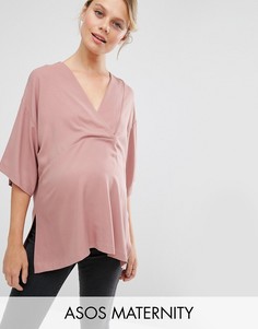 Саржевый топ-кимоно с V-образным вырезом ASOS Maternity - Розовый