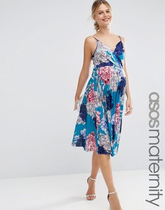 Синее плиссированное платье миди с цветочным принтом ASOS Maternity - Мульти