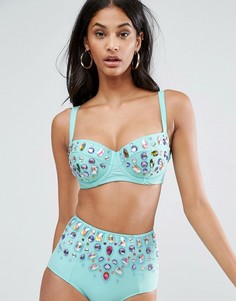 Удлиненный бикини-топ с отделкой камнями ASOS FULLER BUST DD-G - Зеленый