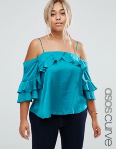 Атласный топ с открытыми плечами и рукавами‑рюшами ASOS CURVE - Зеленый