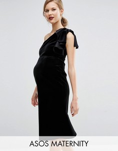 Бархатное платье миди на одно плечо для беременных с рюшами ASOS Maternity - Черный