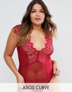 Боди с кружевом и глубоким вырезом ASOS CURVE Sidney - Красный