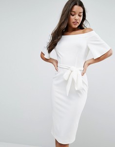 Платье миди с открытыми плечами и завязкой ASOS - Кремовый
