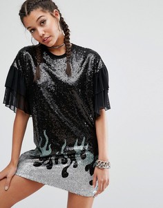 Платье-футболка в стиле оversize с пайетками и сетчатыми рукавами Jaded London - Черный