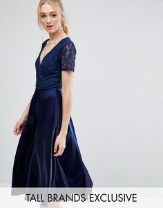 Платье миди для выпускного с кружевным топом и запахом True Decadence Tall - Темно-синий