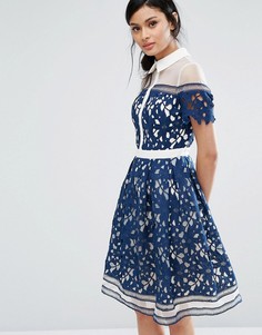 Кружевное премиум-платье со вставками и контрастным воротником Chi Chi London - Темно-синий
