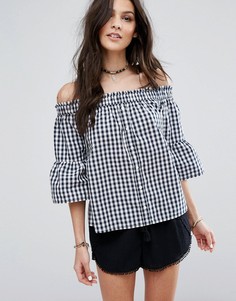 Рубашка в клеточку на пуговицах с открытыми плечами Abercrombie & Fitch - Темно-синий
