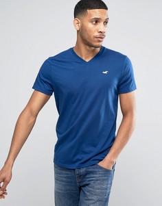Темно-синяя узкая футболка с V-образным вырезом и логотипом Hollister Must Have - Синий