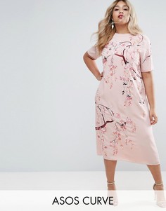 Цельнокройное платье миди с вышивкой ASOS CURVE - Розовый