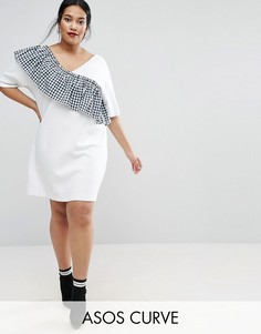 Платье-футболка с тканой оборкой в клеточку ASOS CURVE - Мульти