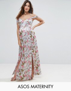 Атласное платье с цветочным принтом и открытыми плечами ASOS Maternity - Мульти