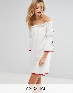 Платье с открытыми плечами и вышивкой на рукавах ASOS TALL - Белый