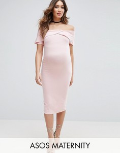 Платье миди с открытыми плечами и перекрестной отделкой спереди ASOS Maternity - Розовый