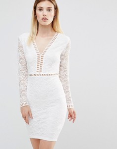 Платье мини с глубоким вырезом и кружевными рукавами AX Paris - Кремовый