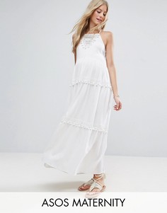 Платье макси с кружевной вставкой и помпонами ASOS Maternity - Белый