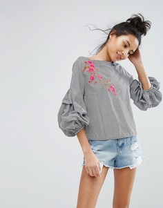 Клетчатый топ с пышными рукавами New Look - Черный