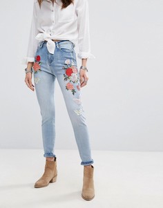 Облегающие джинсы с завышенной талией и вышивкой Boohoo - Синий