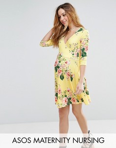 Желтое короткое приталенное платье с запахом и цветочным принтом ASOS Maternity NURSING - Желтый