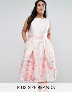 Платье миди с контрастным поясом и принтом роз Chi Chi London Plus - Мульти