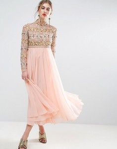 Приталенное платье миди с высокой горловиной и длинными рукавами ASOS SALON - Розовый