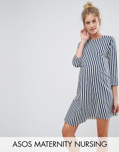 Асимметричное двухслойное платье в полоску с рукавами 3/4 ASOS Maternity NURSING - Темно-синий