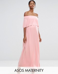 Платье макси для беременных с открытыми плечами и рюшами ASOS Maternity WEDDING - Розовый