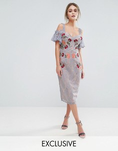 Кружевное платье миди с вышивкой, контрастными бретельками и завязками на плечах Hope & Ivy - Синий